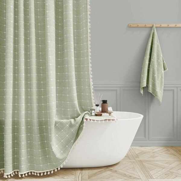 Boho Plaid Shower Curtain with Tassels